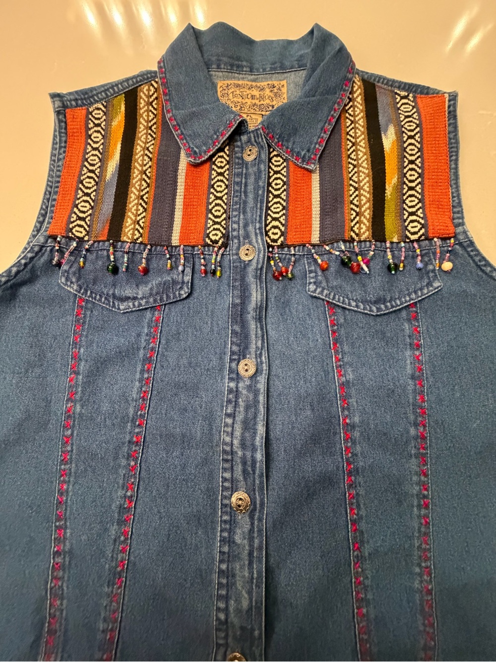 Vintage Southwestern Tantrum Blues Denim Beaded Vest w/ Multicolor Aztec Yoke PL - Picture 6 of 16